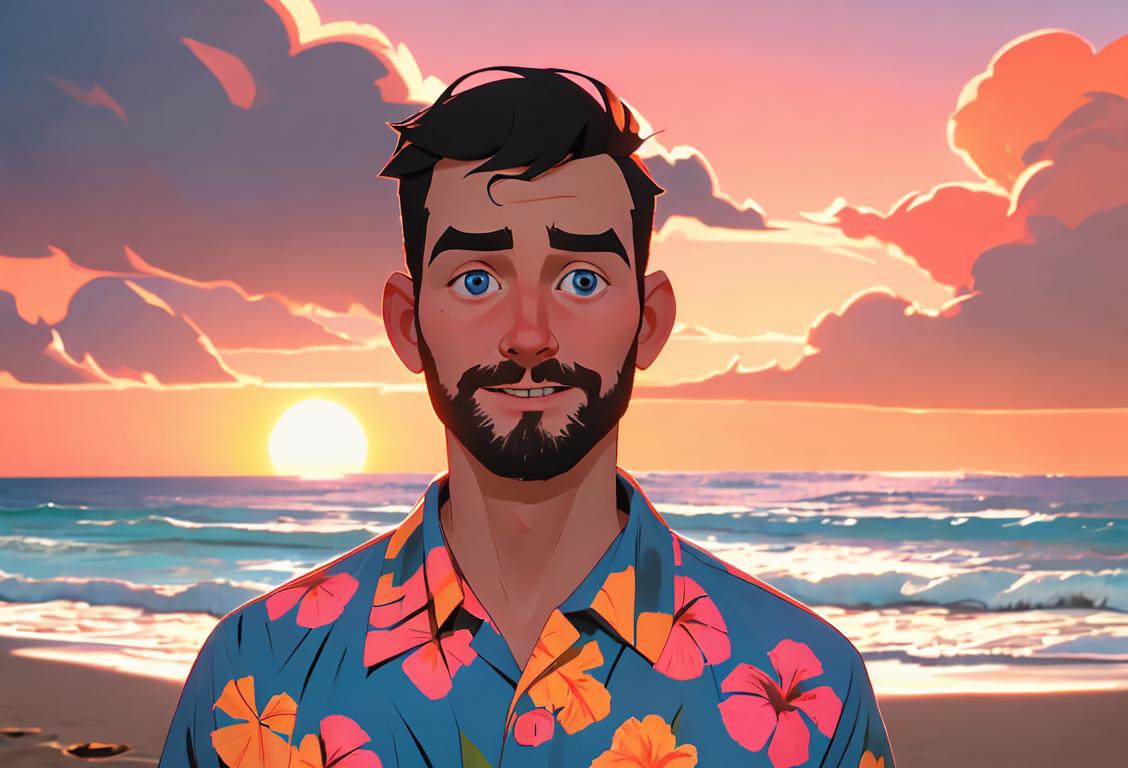 Friendly guy named Mike Shea, wearing a Hawaiian shirt, at a beach bonfire surrounded by friends, enjoying a summer sunset..