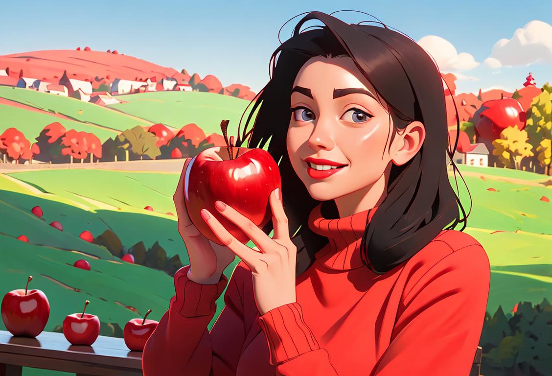 Happy person holding a juicy red apple, wearing a cozy sweater, enjoying a scenic countryside backdrop..