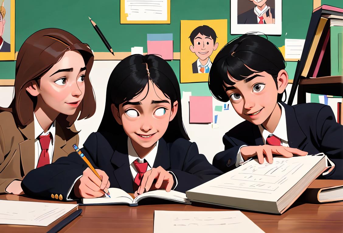 Young students surrounded by books, pens, and pencils, dressed in school uniforms, celebrating the love of language and English with smiles and high fives..