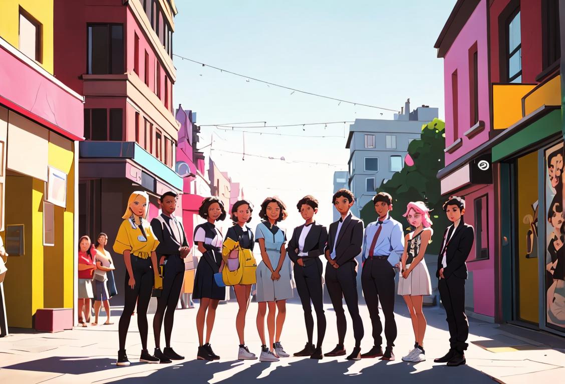 A diverse group of young people confidently standing together, wearing trendy outfits, with a vibrant urban backdrop..