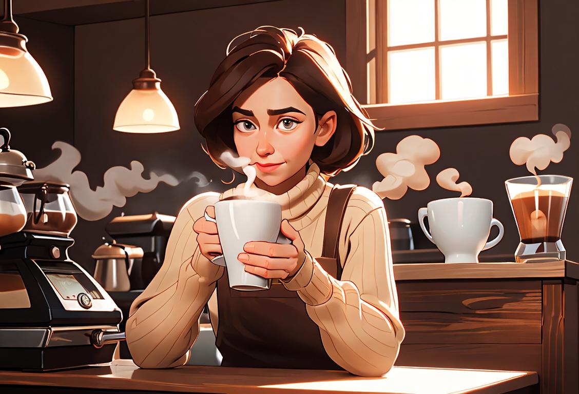 A person holding a steaming cup of coffee in their hands, wearing a cozy sweater, sitting at a rustic coffee shop with a friendly barista..