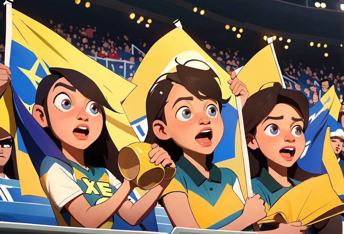 Group of diverse sports fans wearing team jerseys, holding banners, and cheering passionately in a stadium filled with excitement and energy..