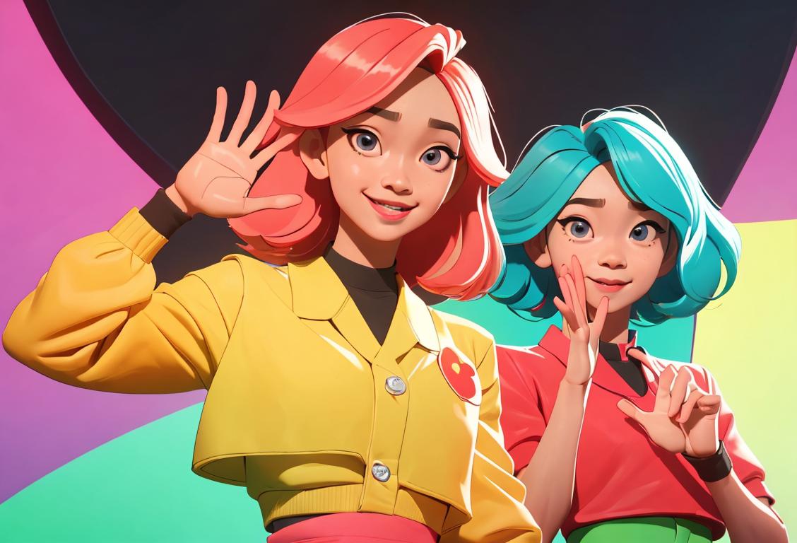 Young people doing the pabebe wave, wearing colorful outfits, in a vibrant studio setting..