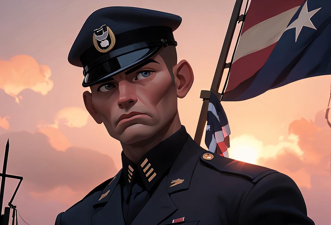 A soldier silhouette against an American flag background, with a somber sunset and subtle military insignias on the uniform..
