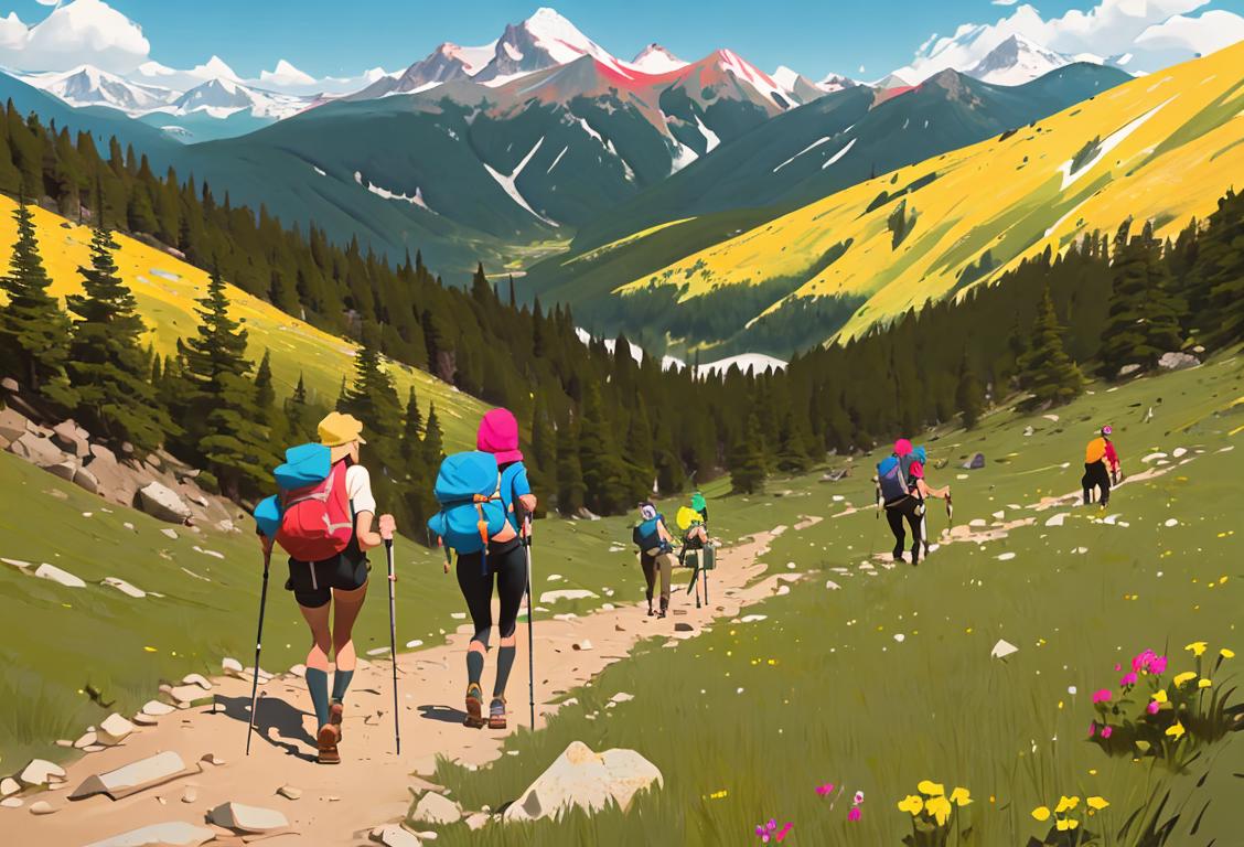 Group of diverse hikers, wearing colorful outdoor gear, exploring scenic mountain trails on National Hike Day..
