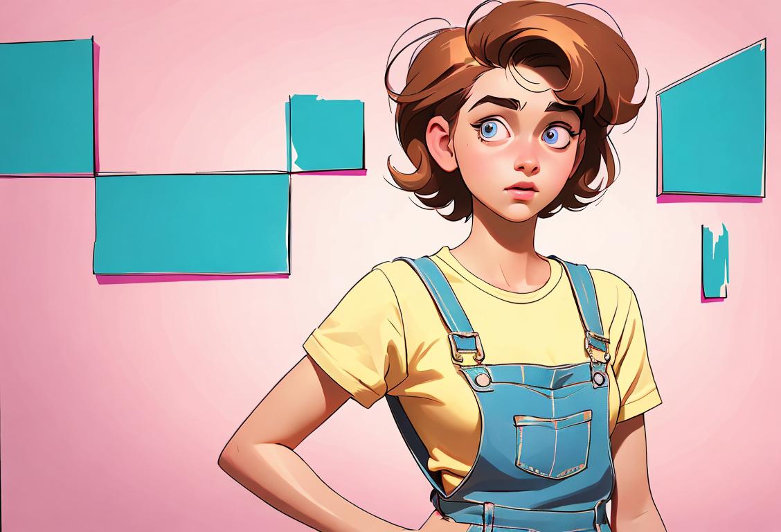 Young girl drawing backwards, wearing overalls, 80s style decor, retro art supplies..
