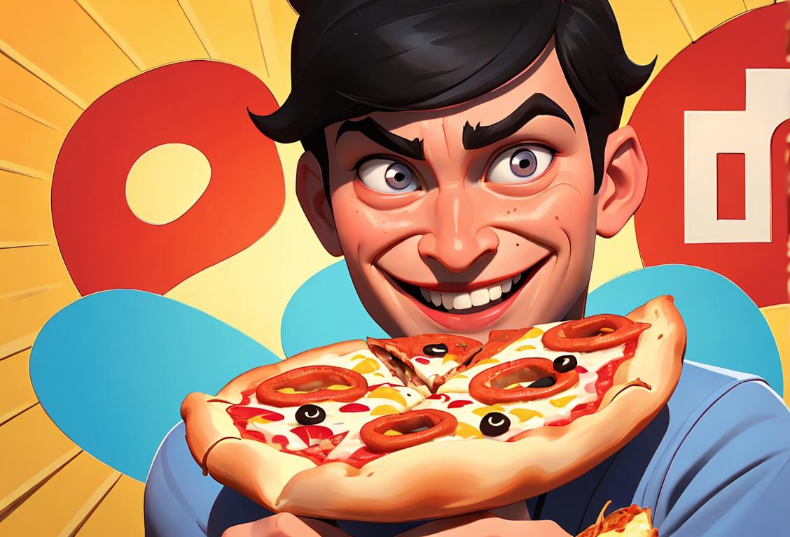 Cheerful person enjoying a pizza bagel with a cheesy smirk, wearing comfortable clothes, iconic New York city backdrop..