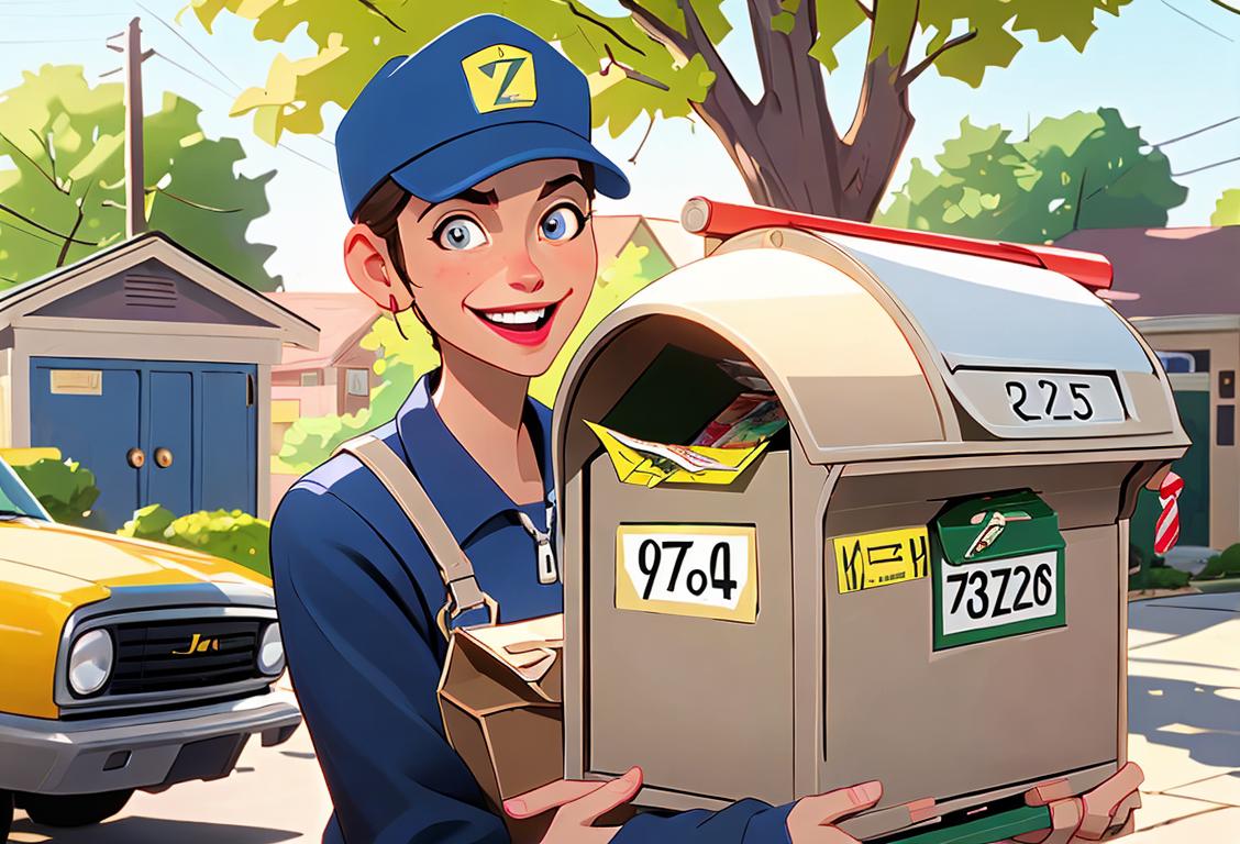 A cheerful mail carrier in postal uniform, surrounded by colorful mailboxes in a suburban neighborhood, delivering packages with a smile..
