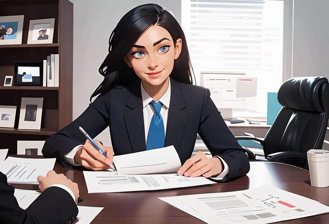 Happy mortgage broker in professional attire, assisting clients with paperwork in a modern office setting..
