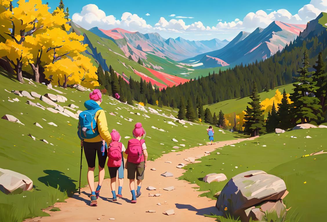 A family wearing colorful hiking gear, exploring a breathtaking scenic view in a national park..