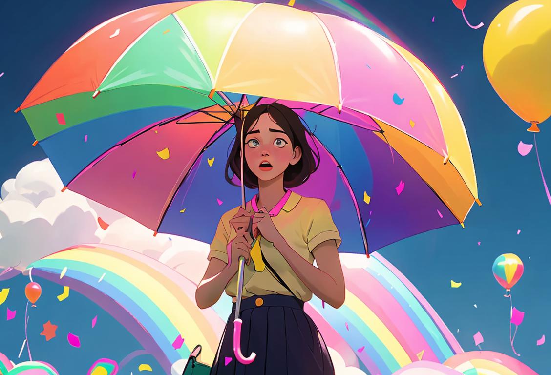 Young woman standing under a rainbow umbrella, wearing colorful mismatched socks, surrounded by floating balloons and confetti..