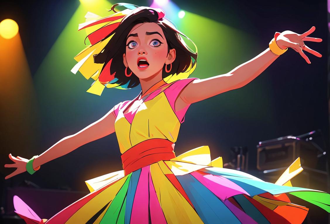 Young performer on stage, energetically singing and dancing, dressed in vibrant costume, surrounded by cheering audience and colorful stage lights..