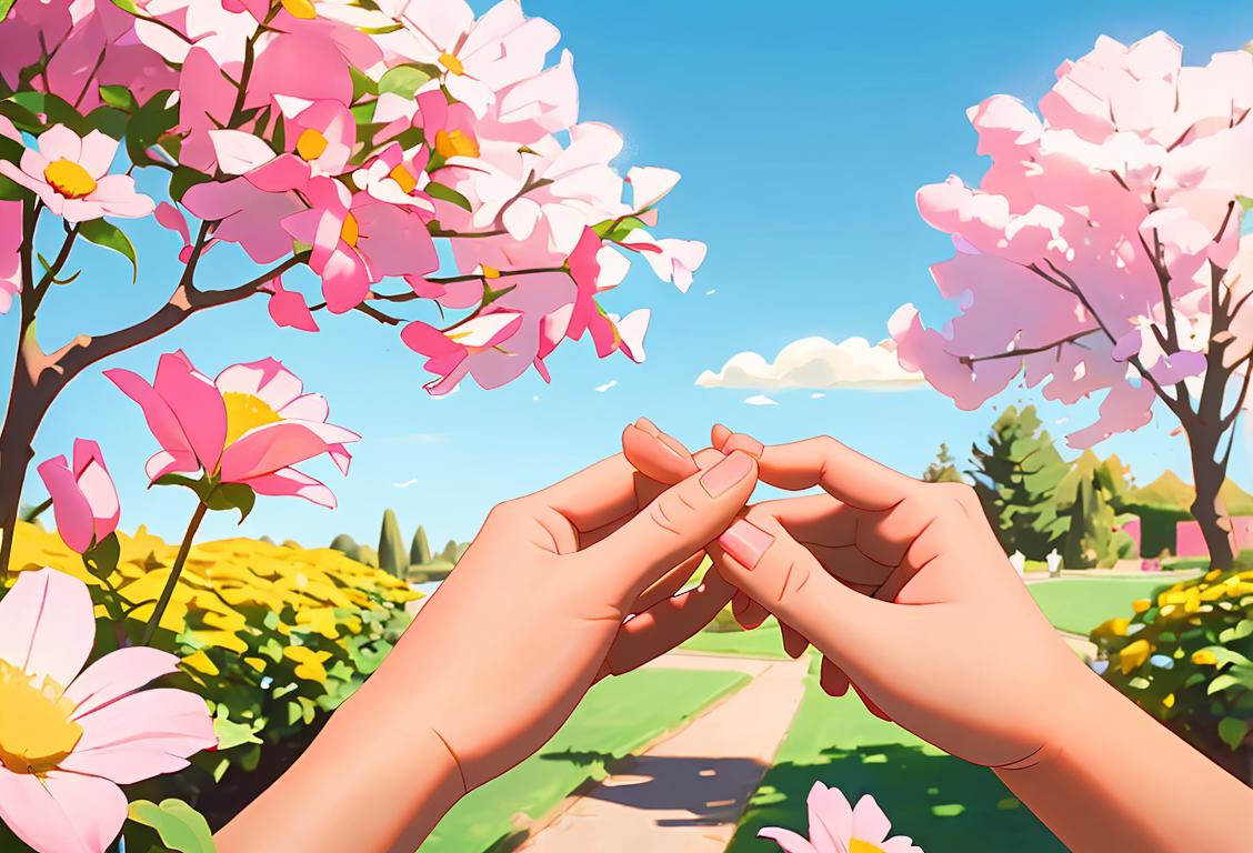 Sweet, caring person holding hands with someone in need, bright sunny day, beautiful garden backdrop..