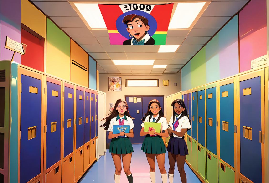 Group of diverse high school friends in colorful 90s fashion, holding yearbooks, surrounded by lockers and school banners..