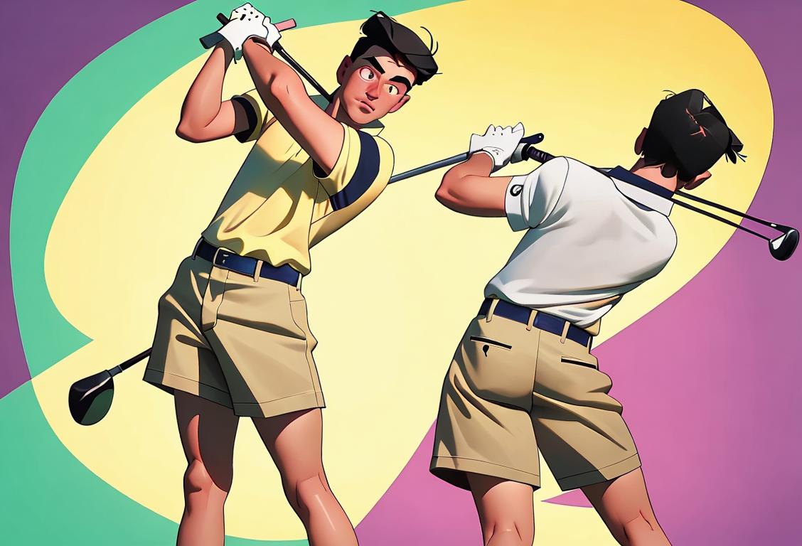 A golfer in a vibrant polo shirt and khaki shorts, swinging a club on a picturesque green..