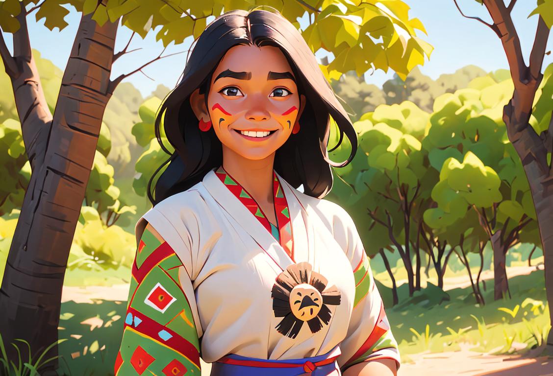 Smiling young woman from an Indigenous community, wearing traditional attire, surrounded by vibrant cultural symbols and nature..