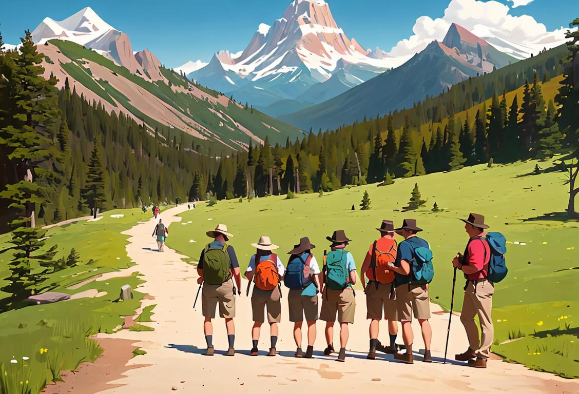 Group of diverse people exploring the great outdoors, wearing hiking gear, with a classic national park landscape in the background..