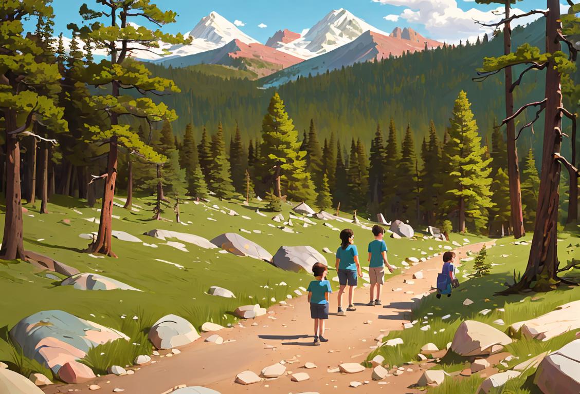 A family of hikers standing on a rocky trail in a national park, wearing matching t-shirts, adventurous spirit, forest backdrop..