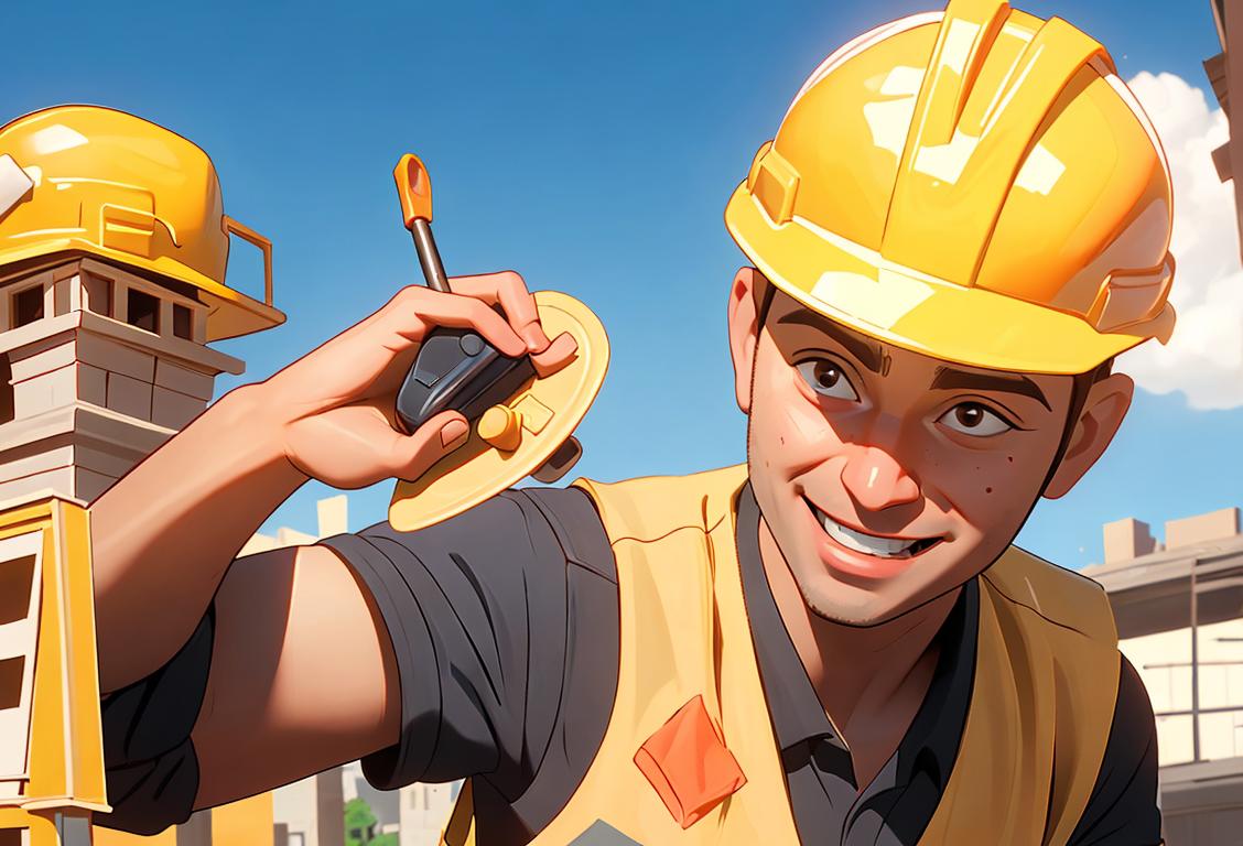 Cheerful construction worker making a phone call, wearing a hard hat and safety vest, sunny outdoor construction site..