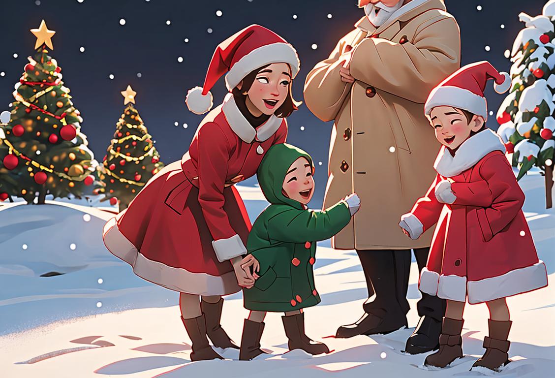 A happy family of diverse backgrounds, wearing festive holiday clothing, playing in the snow, surrounded by Christmas decorations..