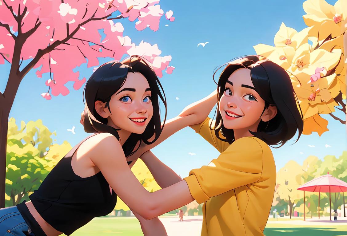 Two friends, arms around each other, smiling happily, enjoying a sunny day at the park.