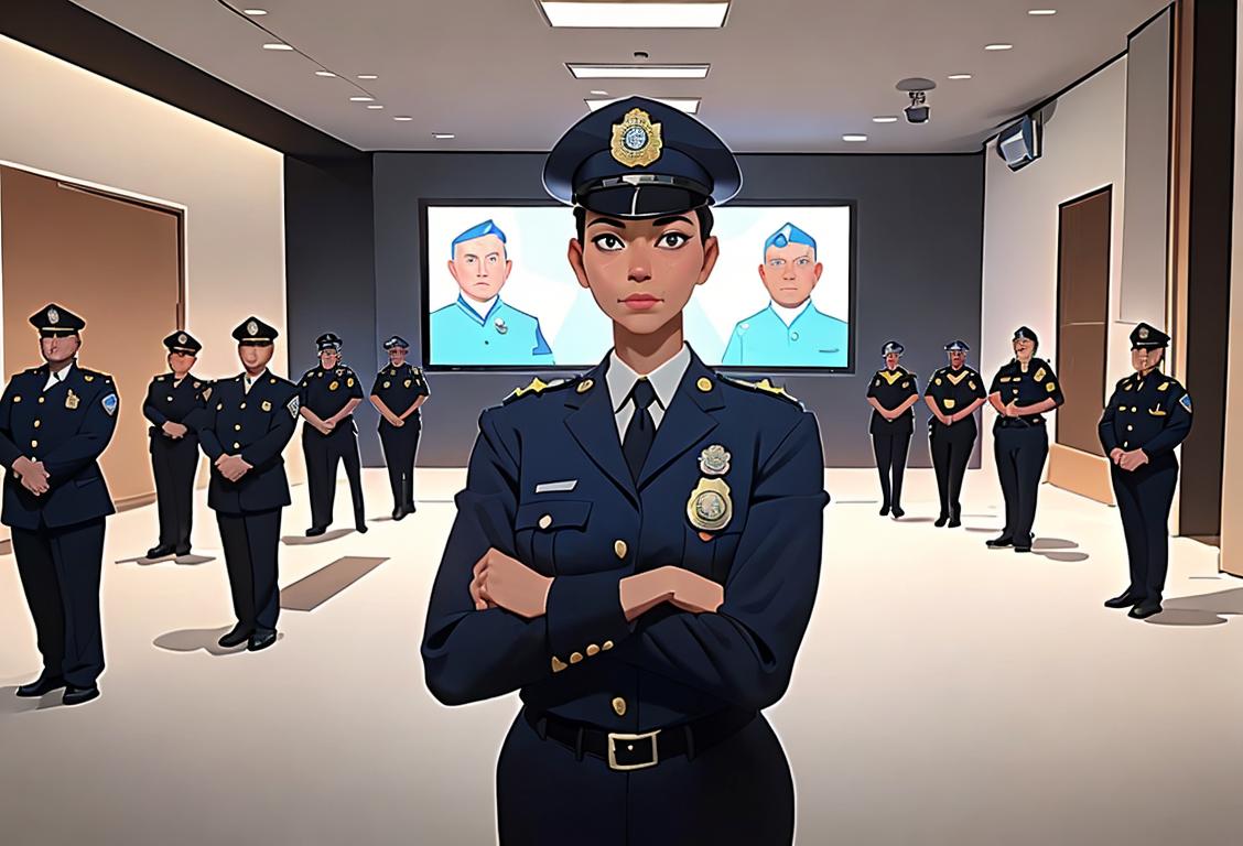 A police officer in uniform, standing tall with pride, surrounded by a diverse community, symbolizing unity and dedication to public safety..