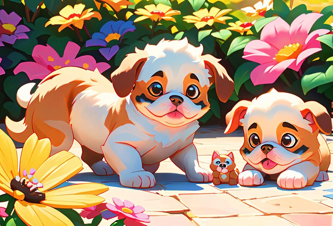 A heartwarming image of a family playing with fluffy, playful puppies in a sunny backyard, surrounded by colorful toys and vibrant flowers..