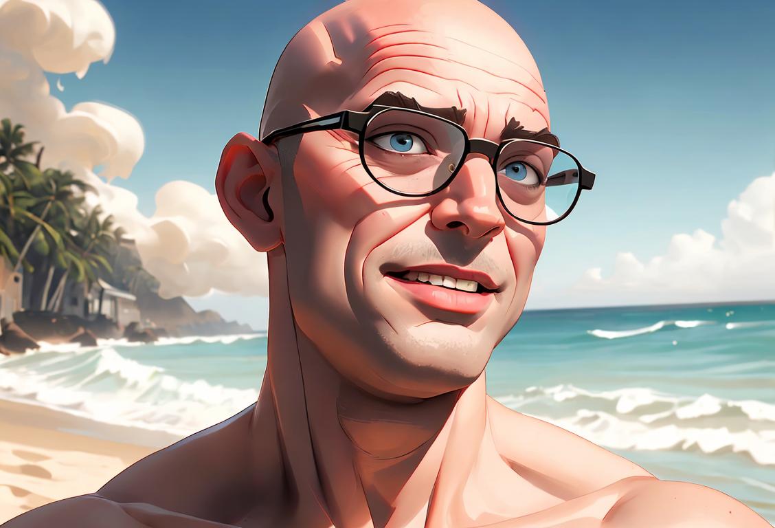 Bald man happily embracing his smooth head, wearing stylish sunglasses, beach setting with waves crashing in the background..