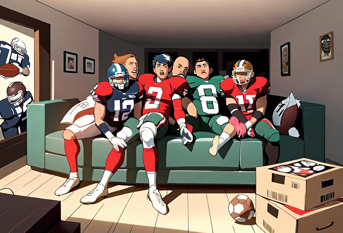 Group of friends wearing football jerseys, huddled on the couch surrounded by empty pizza boxes and sports gear, celebrating National Football Hangover Day..
