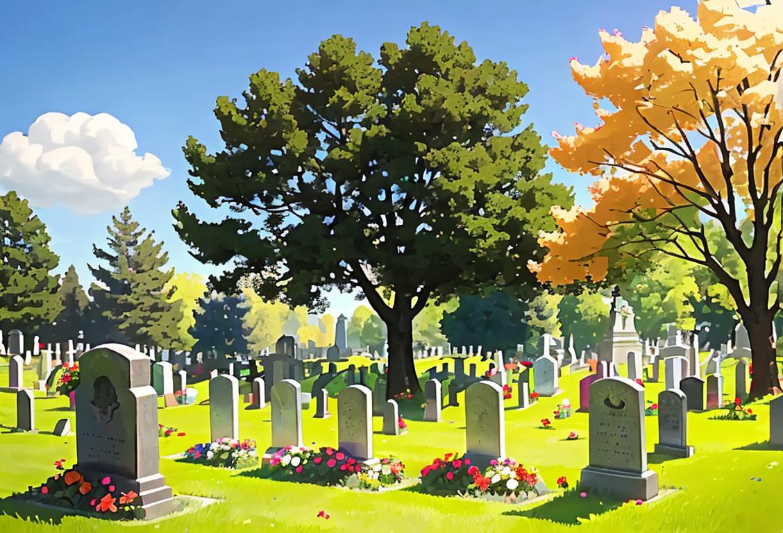 Group of people placing flowers on gravestones in a well-maintained cemetery, respectfully dressed in patriotic attire, under a warm sunny sky..