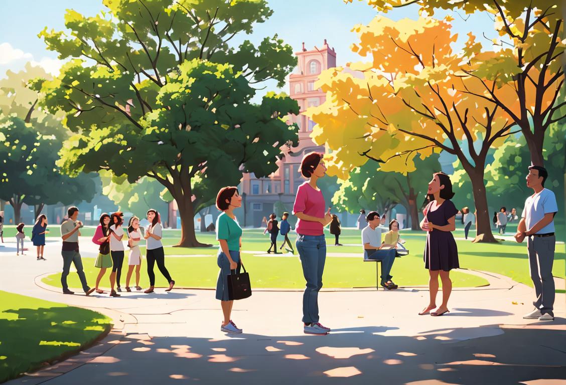 A diverse group of people gathered in a park, engaging in a heartwarming conversation, wearing casual clothes, urban park scene..