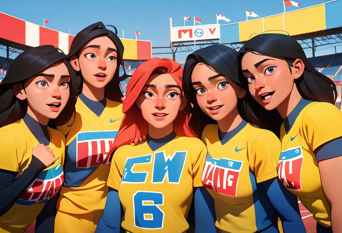 Group of athletes celebrating a victory, wearing matching team uniforms, in a vibrant stadium atmosphere..