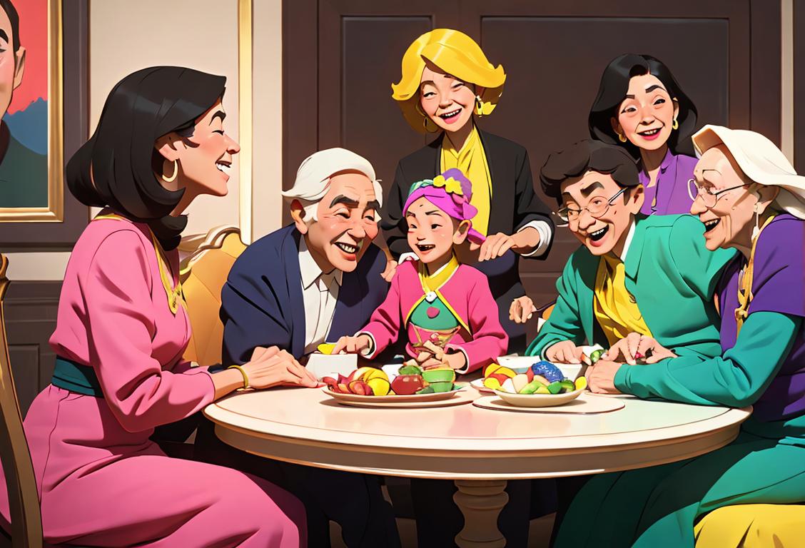Group of diverse relatives gathered around a table, sharing laughs and stories, wearing colorful attire, lively family room setting..