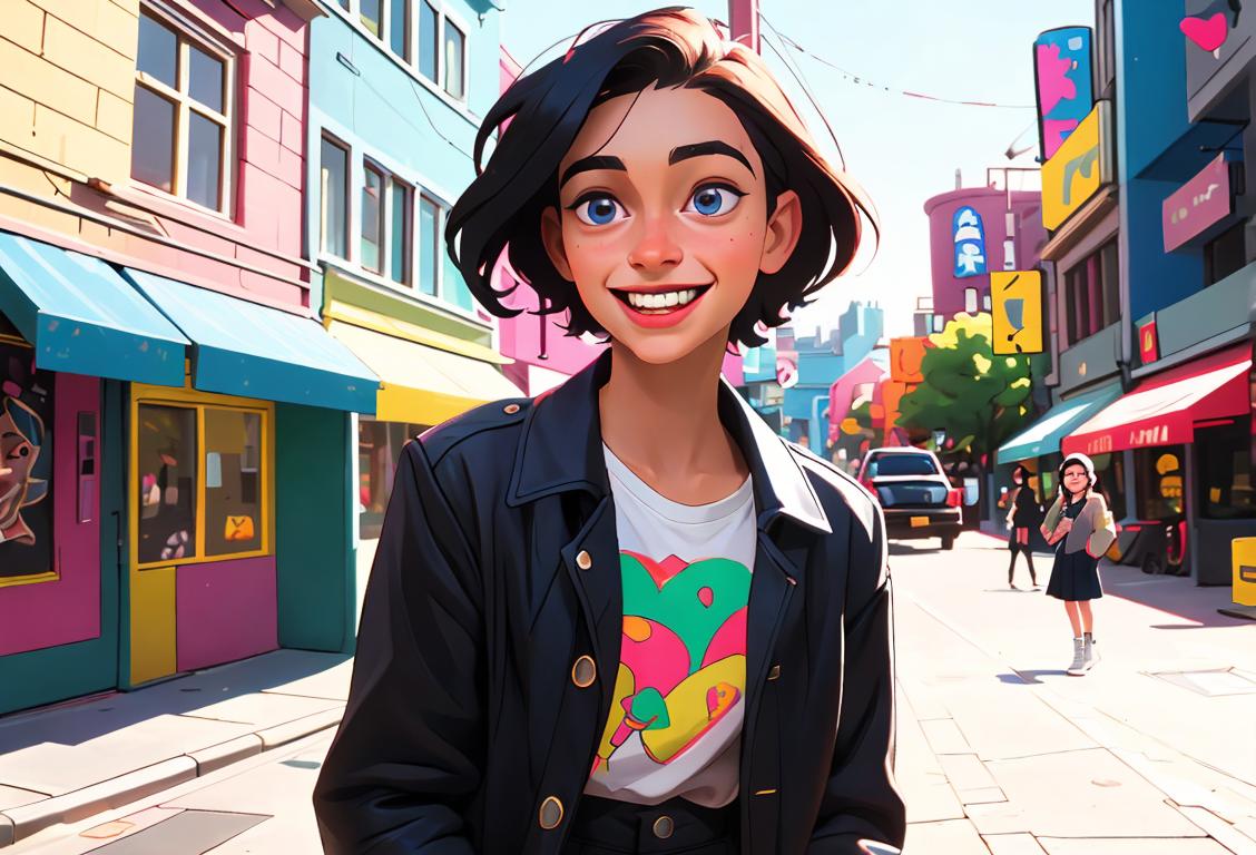 A happy young person enjoying their own company, dressed in trendy clothes, in a vibrant urban setting..