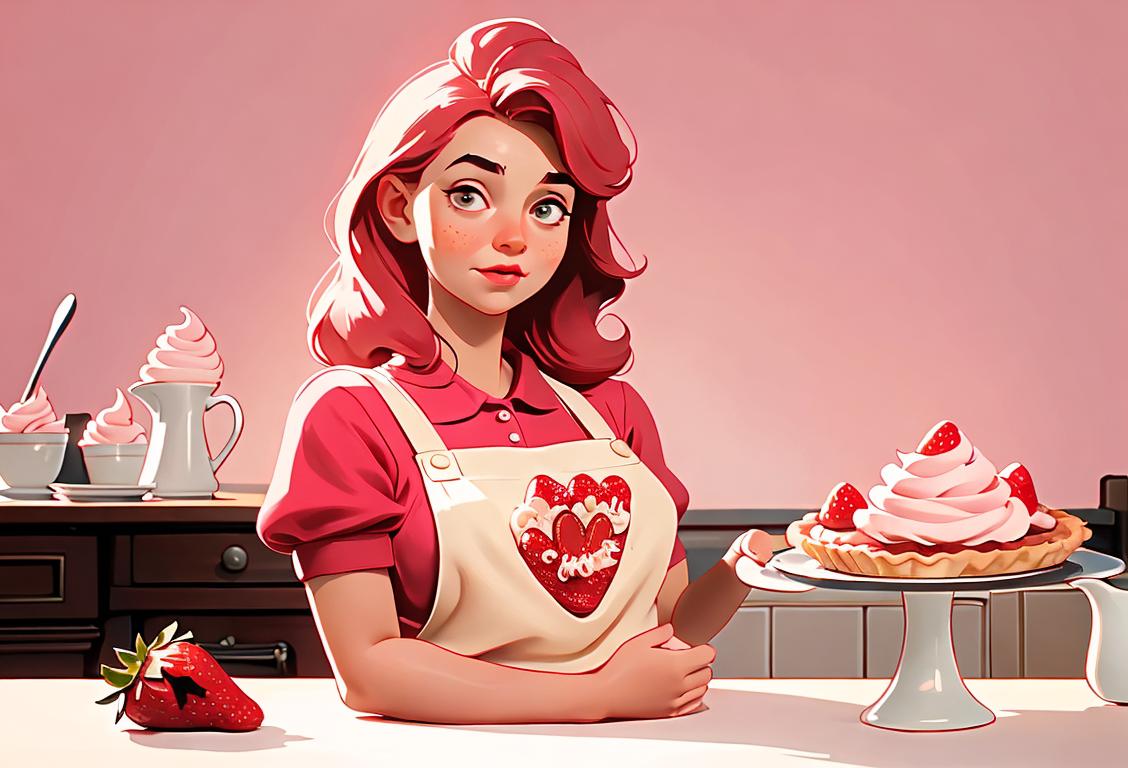 A young woman with strawberry cream pie, wearing a cute apron, vintage kitchen backdrop, surrounded by fresh strawberries and whipped cream..