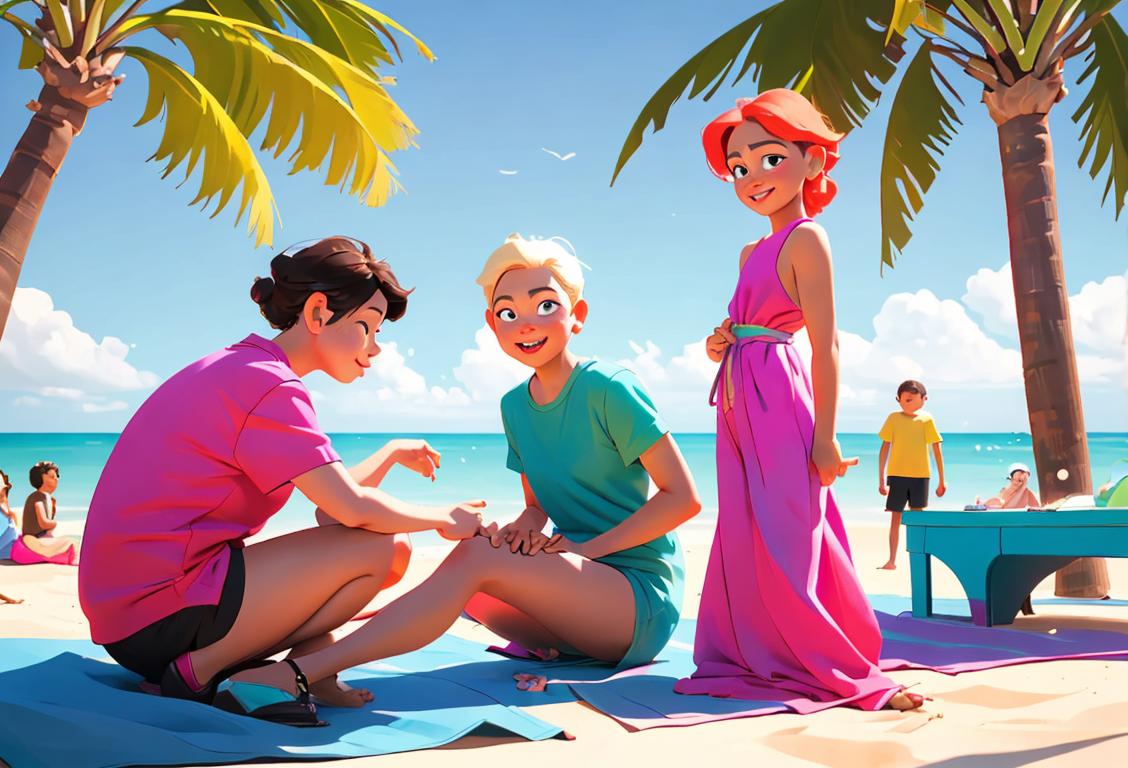 A diverse group of people of different ages and body types, wearing colorful and comfortable clothing, having fun outdoors in a park or beach setting..