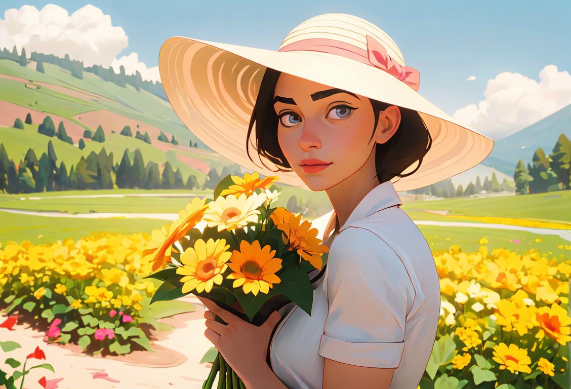 Young woman holding a bouquet of flowers, wearing a sun hat, surrounded by serene natural landscape. .