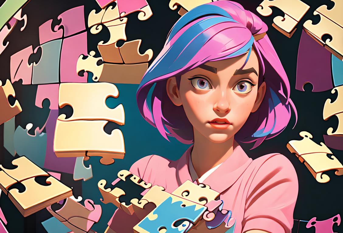 Young woman wearing a ribbon, holding puzzle pieces in a colorful room, puzzle piece fashion, puzzle-themed scene..