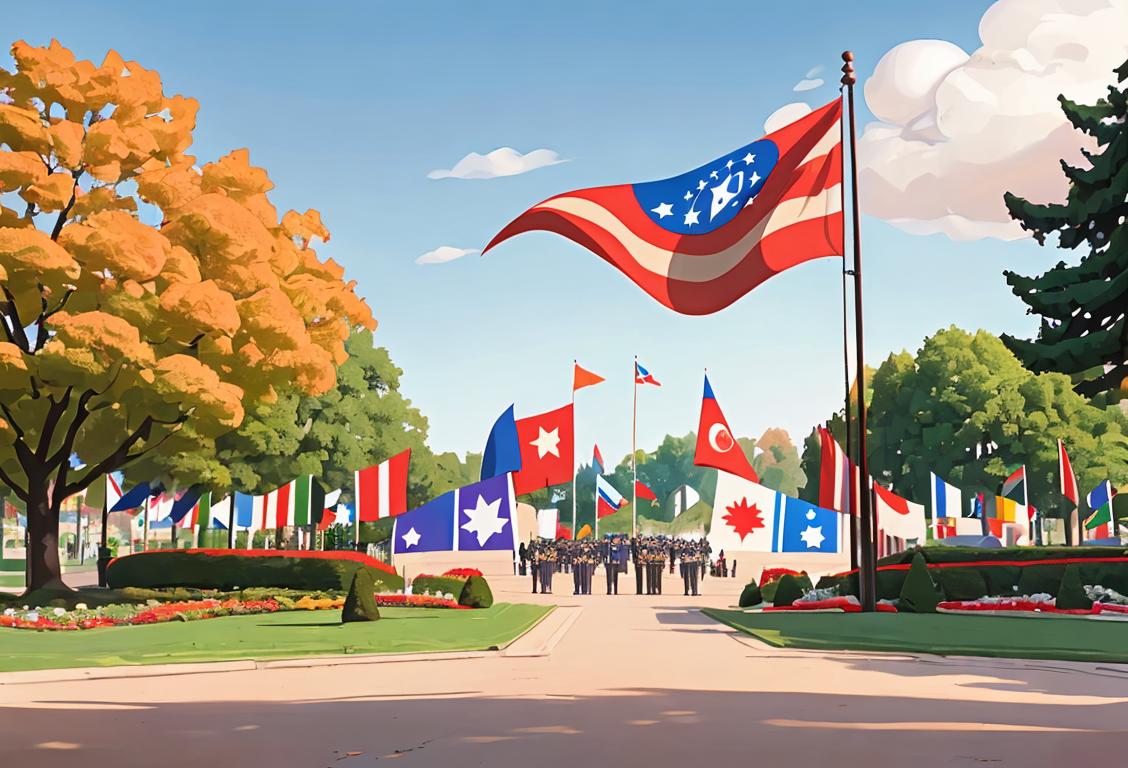 A group of diverse people proudly waving the national flag in a park, dressed in traditional and modern clothing, surrounded by patriotic decorations..