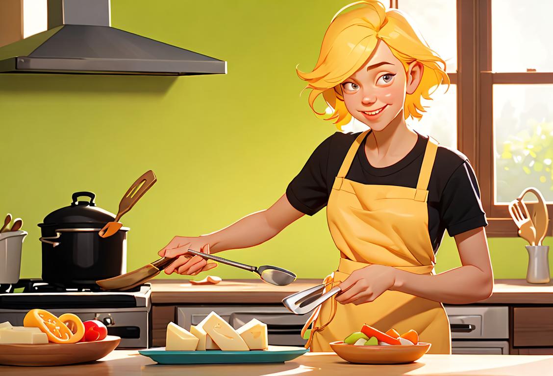 Person peeling a string of cheese, wearing a cheerful apron, in a sunny kitchen filled with colorful cooking utensils..