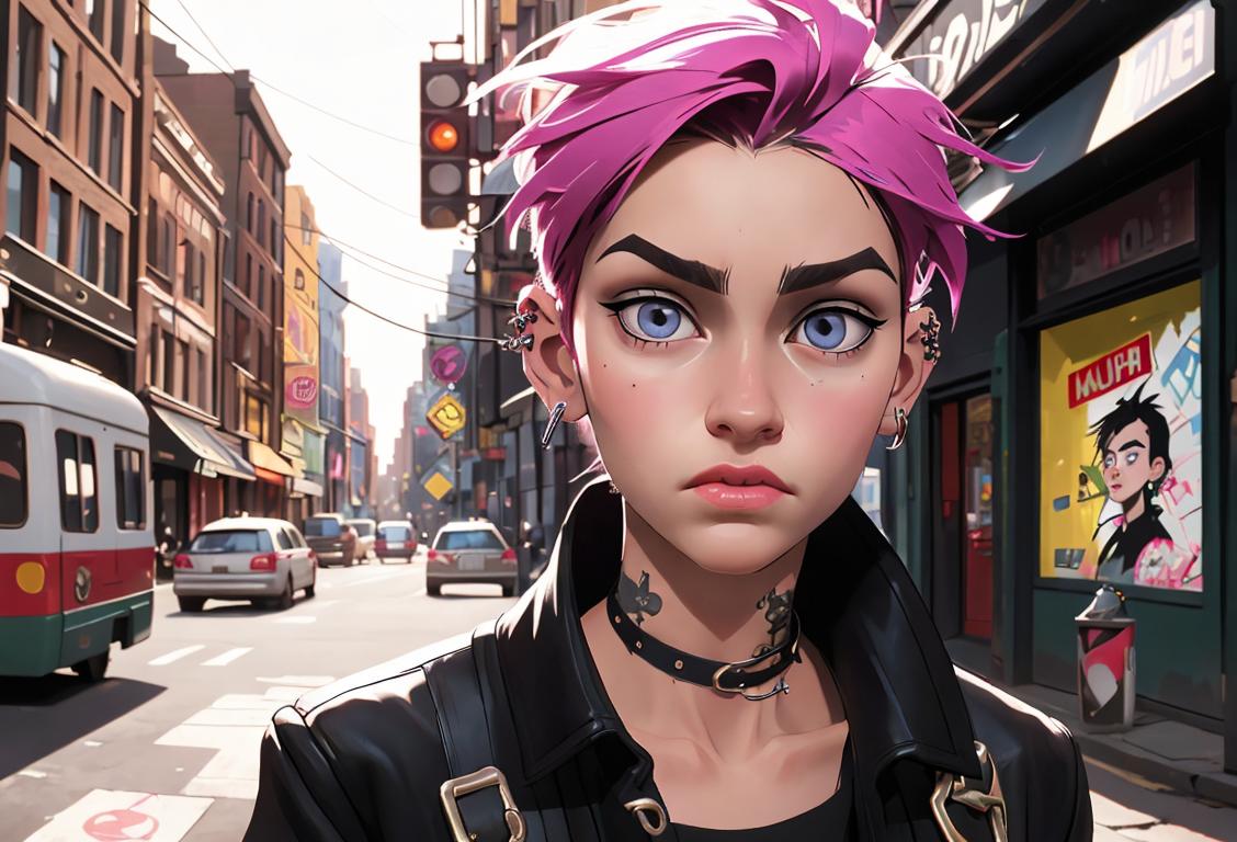 Young person wearing safety pins as accessories, punk fashion style, urban city setting.