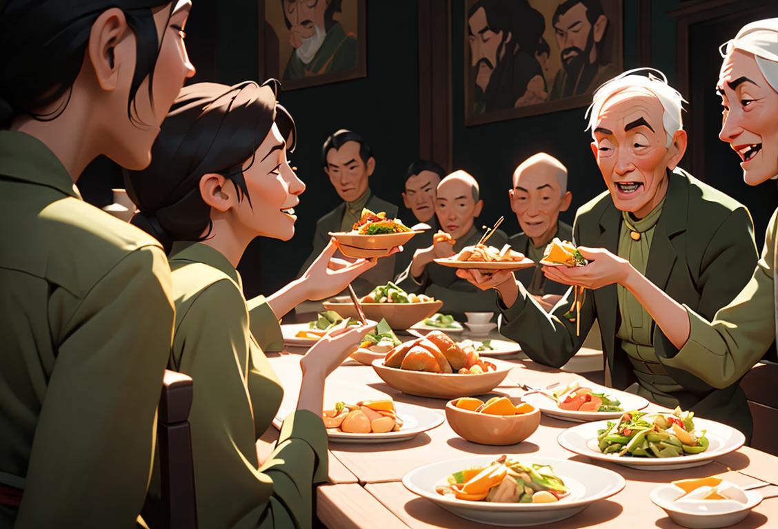 A diverse group of people gathering around a table, enjoying a bountiful and delicious meal together, celebrating National Famine Commemoration Day. Cultural attire, joyful expressions, and a warm, inviting atmosphere set the scene..