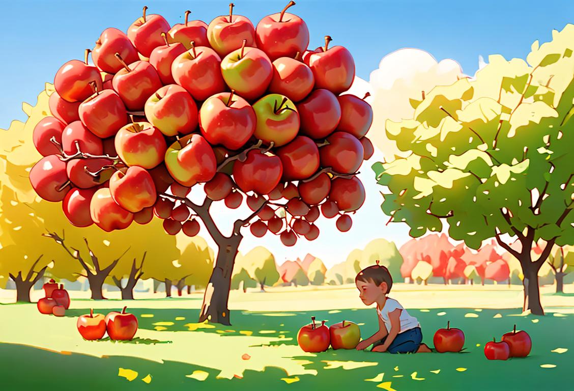 Two children picking ripe red apples from a tree in a sunlit orchard, dressed in casual summer outfits, surrounded by rolling hills and a blue sky..