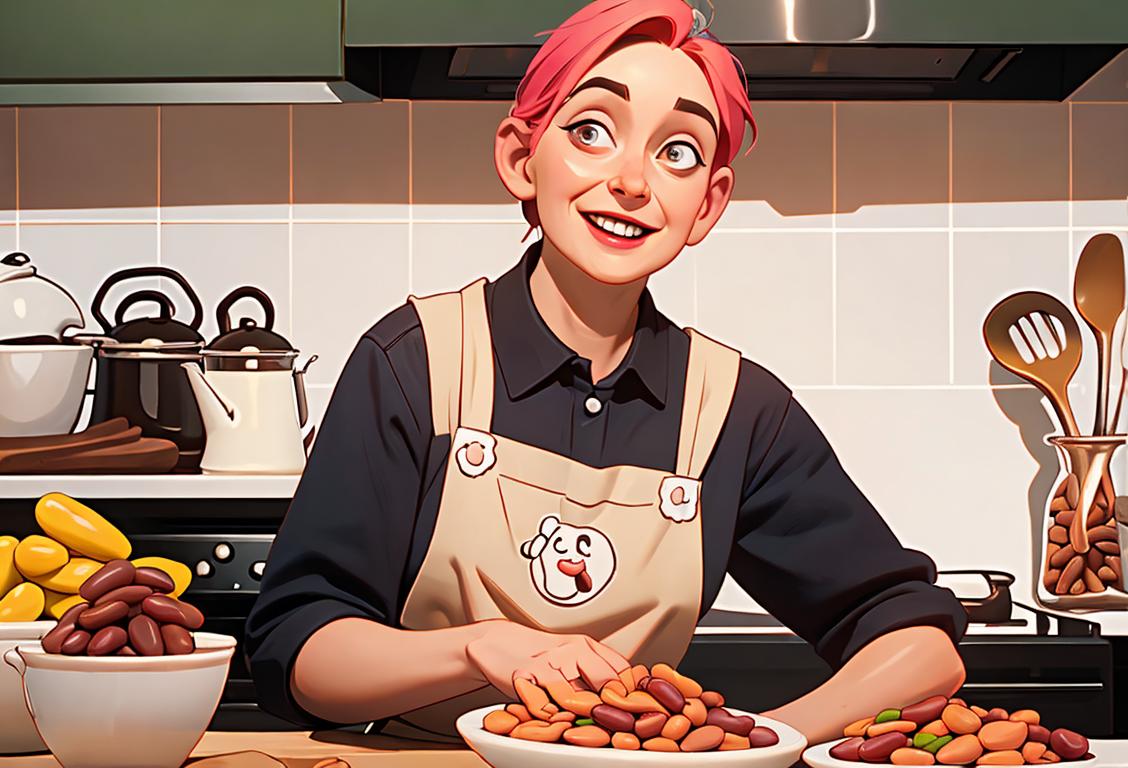 Happy person wearing an apron adorned with beans, surrounded by various types of beans, in a vibrant kitchen setting..
