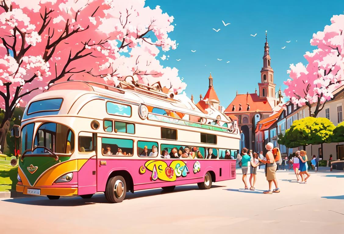 Happy group of people on a coach tour, sporting colorful vacation outfits, exploring picturesque landscapes and historic attractions, creating cherished memories together..