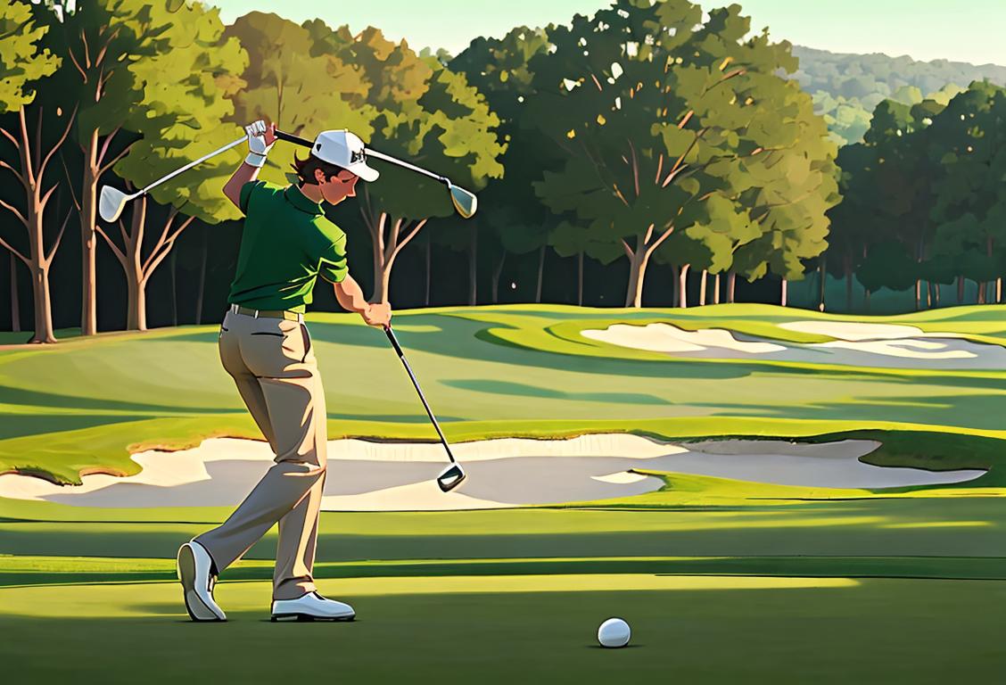 Happy golfer swinging on a beautiful green course, wearing a classic golf attire, sunny Virginia landscape in the background..