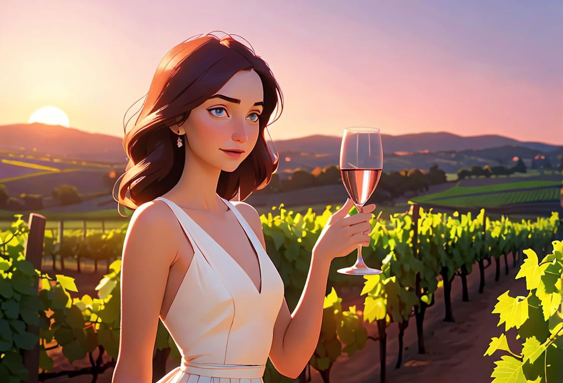 Cheerful woman holding an empty wine glass, wearing a flowy dress, vineyard backdrop, sunset setting..