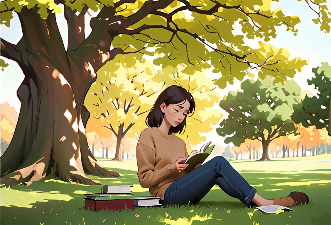 A person sitting under a tree, engulfed in a book, with a cozy sweater, surrounded by a serene natural setting..