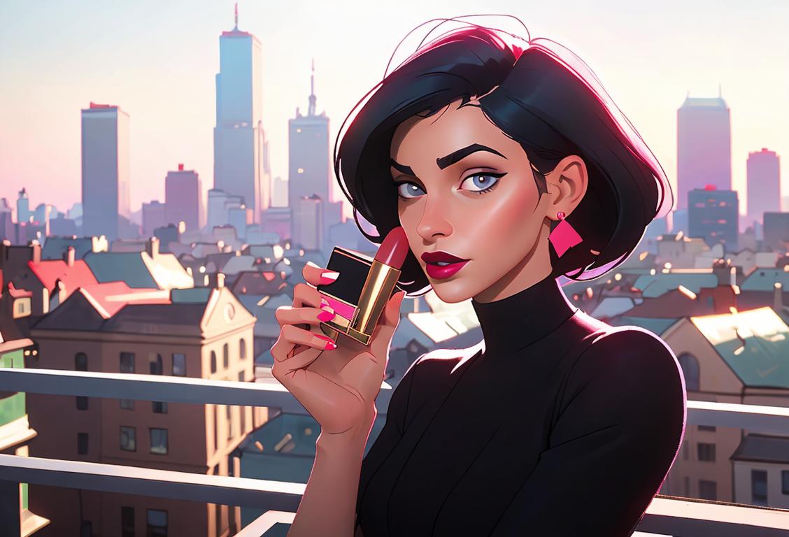 A woman holding a lipstick, wearing a stylish outfit, with a vibrant cityscape as the backdrop..