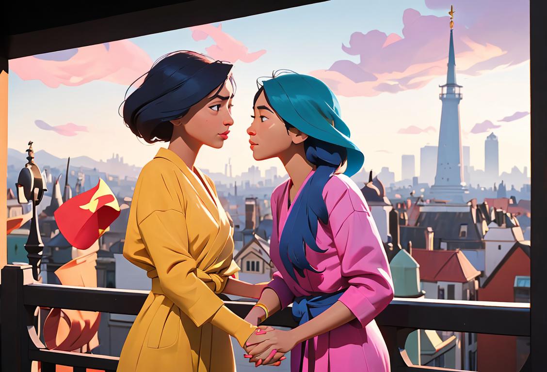 A diverse group of people holding hands, wearing clothing representing different cultures, against a backdrop of a vibrant cityscape..